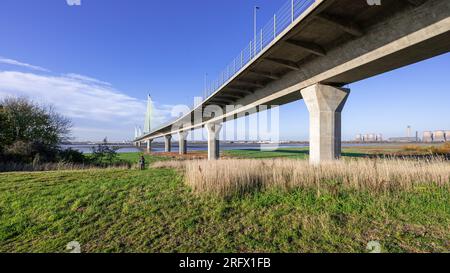 Wigg Island, Widnes - mit Blick auf den Fluss Mersey und die Mersey Gateway Bridge Stockfoto