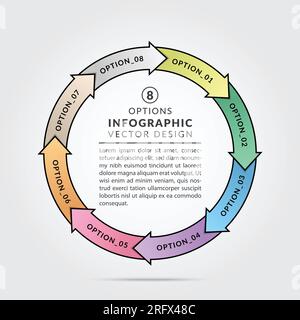 Kreisförmige angeschlossene Infografiken mit 8 Optionen. Kreisförmige Infografik-Designvorlage für Runddiagramm, Diagramm, Webdesign, Banner. Stock Vektor