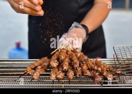 Fuyang, China. 06. Aug. 2023. Ein Koch grillt Lammkebabs in Fuyang. Gegrillte Lammkebabs sind in ganz China beliebt und gehören zu den beliebtesten Köstlichkeiten der Chinesen (Foto von Sheldon Cooper/SOPA Images/Sipa USA). Kredit: SIPA USA/Alamy Live News Stockfoto