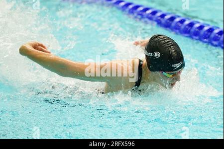 Die Bethany Firth aus Großbritannien im 100m. Schmetterling S14 für Frauen ist an Tag 7 der Para Swimming World Championships 2023 im Manchester Aquatics Centre in Manchester zu sehen. Foto: Sonntag, 6. August 2023. Stockfoto