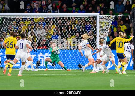 Melbourne, Australien. 06. Aug. 2023. Alyssa Naeher aus den USA während des FIFA Women's World Cup 2023 zwischen Sweden Women und USA Women im Melbourne Rectangular Stadium, Melbourne, Australien, am 6. August 2023. Foto von Richard Nicholson. Nur redaktionelle Verwendung, Lizenz für kommerzielle Verwendung erforderlich. Keine Verwendung bei Wetten, Spielen oder Veröffentlichungen von Clubs/Ligen/Spielern. Kredit: UK Sports Pics Ltd/Alamy Live News Stockfoto