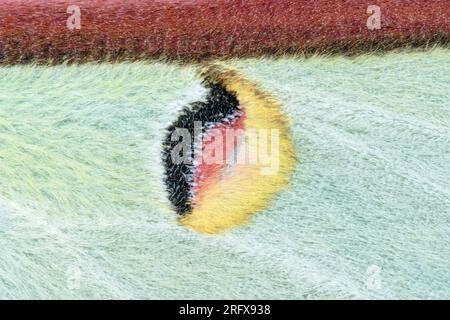 Eye Spot Wing Waagen einer lebenden chinesischen Mondmotte (ACTIAS dubernardi), Saturnidae Stockfoto