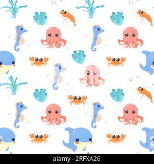 Meeresbewohner Muster nahtlos Setzen süßer Vektor auf weißem isoliertem Hintergrund, Garnelen, Seetang, Korallen, Krabben, Delfine, Pferde, Kraken Stock Vektor