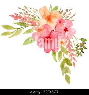 Aquarell abstrakte Blumen. Handgezeichnete Illustration für Grußkarten oder Hochzeitseinladungen auf einem isolierten weißen Hintergrund. Blumenzeichnung mit roten Knospen, pinkfarbenen Blütenblättern und grünen Blättern als Ikone. Stockfoto