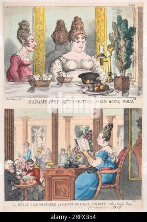 Madame very Restauranteur, Palais Royal Paris und La Belle Liminaudiere au Caffee De Mille Collone, Palais Royale Paris 1814 von Thomas Rowlandson Stockfoto