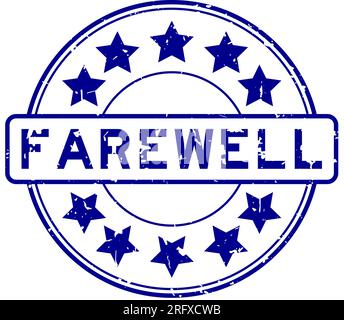 Grunge-blaues Abschiedswort mit Sternsymbol und rundem Gummisiegelstempel auf weißem Hintergrund Stock Vektor