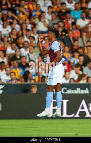 Valencia, Spanien. 05. Aug. 2023. Jubiläumsziel: Ollie Watkins vom Aston Villa Football Club in Aktion während der La Liga EA Sport regulären VORSAISON am 5. August 2023 im Mestalla Stadium in Valencia, Spanien. (Foto: German Vidal/Sipa USA) Guthaben: SIPA USA/Alamy Live News Stockfoto