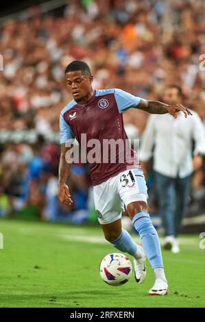 Valencia, Spanien. 05. Aug. 2023. Leon Bailey vom Aston Villa Football Club in Aktion während der La Liga EA Sport regulären VORSAISON am 5. August 2023 im Mestalla Stadium in Valencia, Spanien. (Foto: German Vidal/Sipa USA) Guthaben: SIPA USA/Alamy Live News Stockfoto