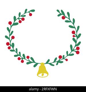 Weihnachtliche grüne Girlande, kreisförmiger Rahmen mit Schleife, Beeren, Blätter im Kritzelstil isoliert auf weißem Hintergrund. Einfache handgezeichnete Winterdekoration. Vektordarstellung Stock Vektor