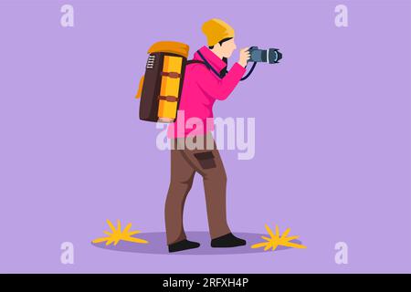 Flacher Cartoon-Stil, der junge, wunderschöne Fotografin im Stehen und Fotografieren mit der Kamera malt, Tourist mit Rucksack. Fotograf mit ihrer Te Stockfoto