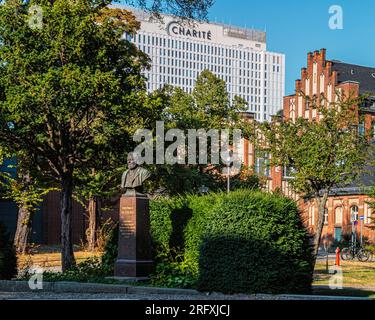 Büste von Friedrich Althoff vor dem Verwaltungsgebäude am Charite Hospital Campus, Chariteplatz, Mitte, Berlin, Deutschland., Stockfoto