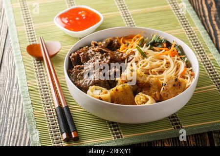 Vietnamesische Rindernudeln Salatbrötchen bo xao ist gefüllt mit frischen Kräutern, herzhaftem Rindfleisch, Gemüse und gebratenen Frühlingsrollen auf dem Tisch. Horizontal Stockfoto