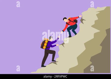 Flache Zeichentrickzeichnung von zwei aktiven Wanderer, die sich auf dem Gipfel des Berges gegenseitig helfen. Teamwork beim Wandern hilft einander dabei, Hilfe zu vertrauen. Achievemen Stockfoto
