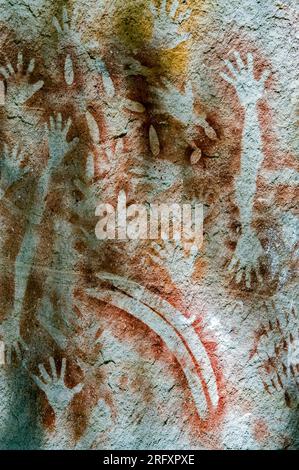 3500 Jahre alte Gemälde der Aborigines im Carnarvon National Park „The Gallery“, Queenslandf, Australien. Stockfoto