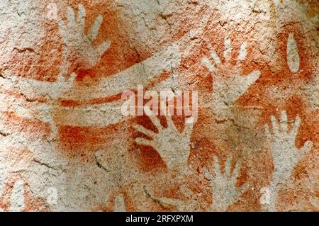 3500 Jahre alte Gemälde der Aborigines im Carnarvon National Park „The Gallery“, Queenslandf, Australien. Stockfoto