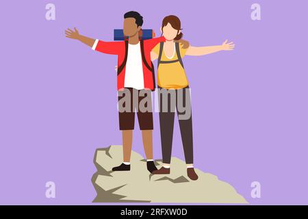 Flaches Grafikdesign, das eine glückliche, romantische Kletterfrau mit ausgestreckten Armen auf den Bergen zeigt. Das Paar hob die Hände vor Freude. Ac Stockfoto