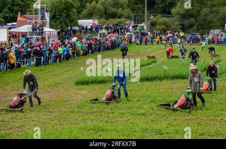 Braunsbach Steinkirchen, Deutschland. 06. Aug. 2023. Die Teilnehmer der Mountain Mower World Cup laufen mit ihren Bergmähern über einen Teil des Wettbewerbskurses. Kredit: Christoph Schmidt/dpa/Alamy Live News Stockfoto