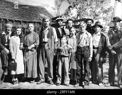 CHARLEY GRAPEWIN als Opa DORIS BOWDEN als Rosasharn JANE DARWELL und Ma Joad RUSSELL SIMPSON als Pa Joad HENRY FONDA als Tom Joad DARRYL HICKMAN als Winfield FRANK SULLY als Noah SHIRLEY MILLS als Ruth Joad FRANK DARIEN als Onkel John O. Z. WHITEHEAD als Al EDDIE QUILLAN als Connie and JOHN CARRADINE als Jim Casy Group portrait in DEN TRAUBEN DES ZORNS 1940 Regisseur JOHN FORD Roman John Steinbeck Drehbuch Nunnally Johnson Kostümdesign Gwen Wakeling Musik Alfred Newman Produzent Darryl F. Zanuck Twentieth Century Fox Stockfoto