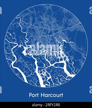 Stadtplan Port Harcourt Nigeria Afrika Blau-Druck runder Vektorvektor Stock Vektor