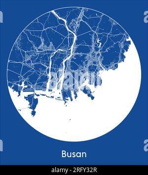 Stadtplan Busan Südkorea Asien Blauer Druck kreisförmige Vektordarstellung Stock Vektor
