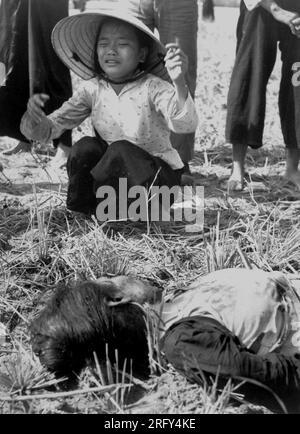 TUY HOA, VIETNAM - 1966 - 15 vietnamesische Zivilisten wurden bei der Explosion einer hausgemachten Vietcong-Mine auf einer Landstraße getötet. Das meiste Opfer Stockfoto