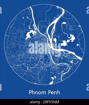 Stadtplan Phnom Penh Kambodscha Asien Blau-Druck runder Vektorvektor Stock Vektor