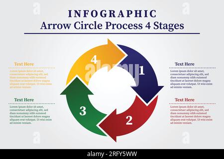 Infografik zu Vektorkreisen. Geschäftskonzept mit 4 Pfeiloptionen, Teilen, Schritten, Phasen oder Prozessen. Vektor und Illustration. Stock Vektor