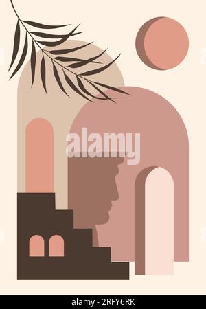 Abstrakter moderner ästhetischer Hintergrund mit Wüstenlandschaft, Treppe, Palme, Vasen, Sonne. Stock Vektor