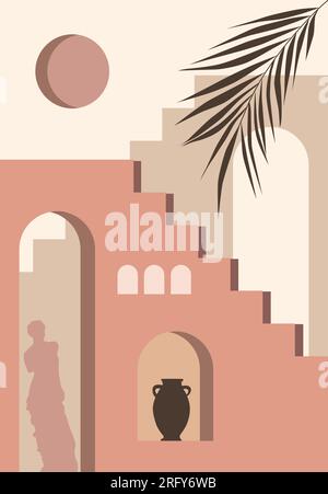 Abstrakter moderner ästhetischer Hintergrund mit Wüstenlandschaft, Treppe, Palme, Vasen, Sonne. Stock Vektor