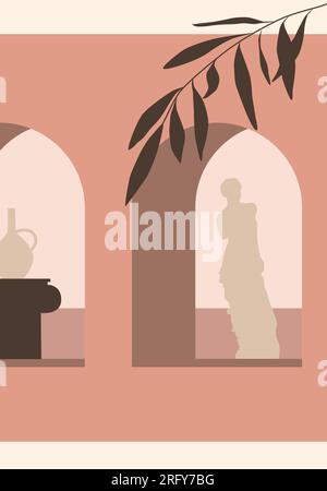 Abstrakter moderner ästhetischer Hintergrund mit Wüstenlandschaft, Treppe, Palme, Vasen, Sonne. Stock Vektor