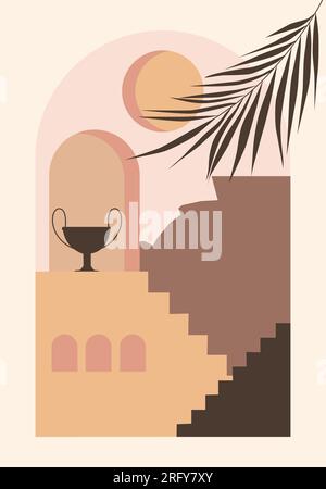 Abstrakter moderner ästhetischer Hintergrund mit Wüstenlandschaft, Treppe, Palme, Vasen, Sonne. Stock Vektor