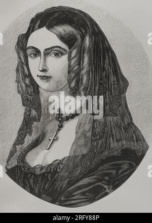 Adelaide von Osterreich (1822-1855). Erzherzogin von Österreich. Königin Gemahlin Sardiniens (1849-1855) durch ihre Heirat am 12. April 1842 mit Victor Emmanuel von Savoyen. Porträt. Gravur. "Los Héroes y las Grandezas de la Tierra". Band V. 1855. Stockfoto