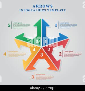 Arrow Prozess Infografik Designvorlage. Infografik zum Geschäftskonzept mit 5 Optionen, Schritten oder Prozessen. Vektor und Illustration. Stock Vektor