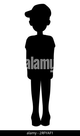 Schwarze Silhouette eines süßen Jungen mit Mütze, Ganzkörperporträt eines gerade stehenden Kindes, Vektorspieler Stock Vektor