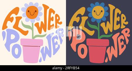 Groovy Schriftzug Blume Power. Retro-Schriftzug in runder Form. Trendiges Design mit groovy Motiven für Poster, Karten und T-Shirts. Stock Vektor