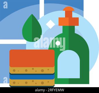 Spülmittel mit Teller und Schwamm Stock Vektor