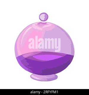 Rundkolben aus Purpurglas, Fläschchen, Flaschen, Behältnisse, Weithalsgefäß mit Flüssigkeit. Flasche mit Zauberelixier oder Trank. Zaubertrank. Spiritualität, Okkultismus, c Stock Vektor