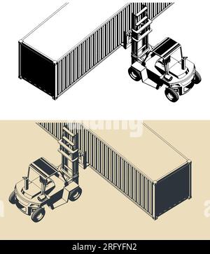 Stilisierte Vektordarstellungen von Gabelstapler- und Containeraufnahmen Stock Vektor