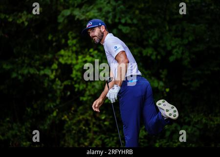 6. August 2023: Billy Horschel gibt am letzten Tag der Wyndham Championship 2023 im Sedgefield Country Club in Greensboro, NC, einen Abschlag für zwei. Scott Kinser/CSM (Bild: © Scott Kinser/Cal Sport Media) Stockfoto