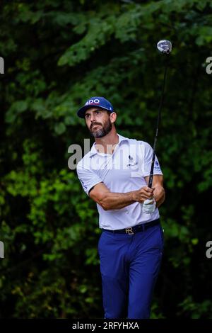 6. August 2023: Billy Horschel gibt am letzten Tag der Wyndham Championship 2023 im Sedgefield Country Club in Greensboro, NC, einen Abschlag für zwei. Scott Kinser/CSM (Bild: © Scott Kinser/Cal Sport Media) Stockfoto