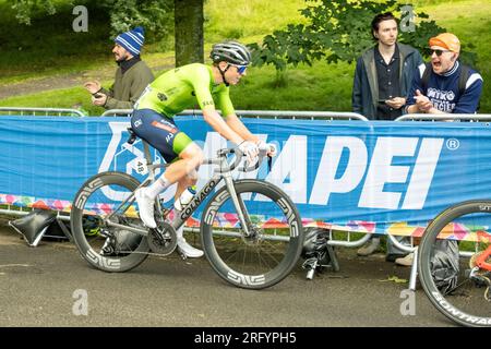 Tadej Pogačar (Slowenien) fährt durch den Kelvingrove Park. UCI. Glasgow 2023. Straßenrennen- Stockfoto