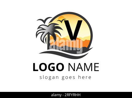 Strandlogo auf Vektorschild mit Buchstabe V. Sunset Summer Travel Logo Strand, Meer, Sunset Logo Design-Vorlage. Stock Vektor