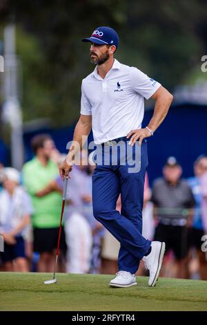 6. August 2023: Billy Horschel wartet am letzten Tag der Wyndham Championship 2023 im Sedgefield Country Club in Greensboro, NC, auf das neunte Grün. Scott Kinser/CSM Stockfoto