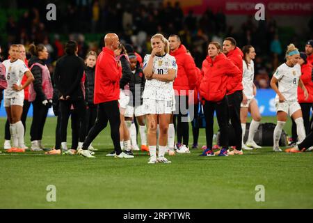 Melbourne, Australien. 06. Aug. 2023. Lindsey Horan of USA (C) nach dem FIFA Women's World Cup Australien & Neuseeland 2023. Runde 16 zwischen Schweden und den USA im Melbourne Rectangular Stadium gesehen.Schweden gewann 5-4 bei den Elfmetern. Kredit: SOPA Images Limited/Alamy Live News Stockfoto