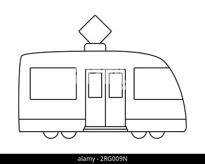Vector schwarz-weiße Straßenbahn. Lustige Straßenbahn für Kinder. Niedliche Clipkunst im Fahrzeug. Symbol für öffentliche Verkehrsmittel oder Farbseite isoliert auf weißem Hintergrund Stock Vektor