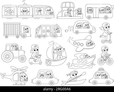 Schwarz-weißes Vector-Transportset mit Kindern. Lustige Linie Wasser, Land, Lufttransport Sammlung mit Fahrern für Kinder. Automobile und Fahrzeuge cli Stock Vektor