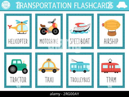 Kartenset für Vektortransport mit Auto, Schnellboot, Hubschrauber, Straßenbahn, Taxi. Englischsprachiges Spiel mit niedlichem Transport für Kinder. Fahrzeuge blinken Stock Vektor