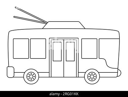 Schwarz-weißer Vector-Trolleybus. Lustiger Elektrobus für Kinder. Niedliche Clipkunst im Fahrzeug. Symbol für öffentliche Verkehrsmittel oder Farbseite isoliert auf weiß b Stock Vektor