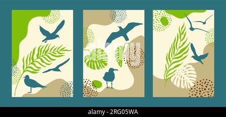 Moderne Illustrationsmalerei mit Palmenblättern und Möwen. Vektordarstellung Stock Vektor