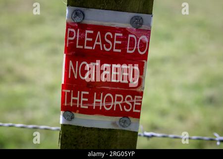 Ein rotes Schild mit der Aufschrift „BITTE FÜTTERN SIE DAS PFERD NICHT“ auf einem Zaunpfahl auf einem Feld. Aufgenommen im ländlichen Schottland. Stockfoto